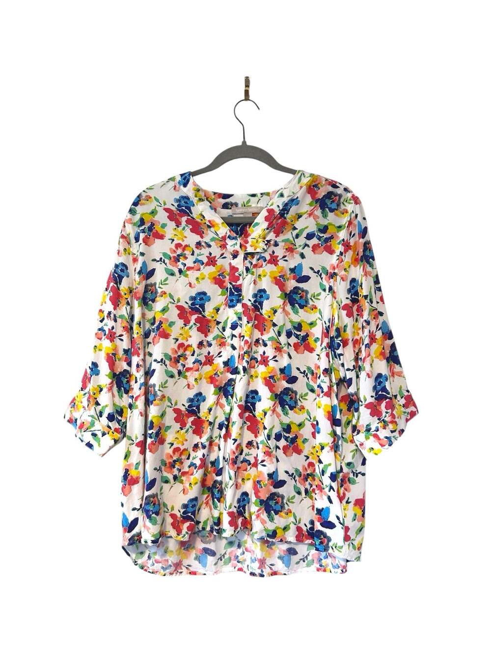 Woman Within Floral Print V-Neck 100% Rayon Henley Blouse Size 18/20
